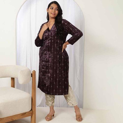 Purple V Neck Velvet Kurta