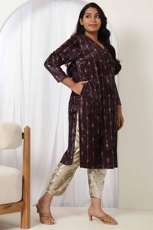 Purple V Neck Velvet Kurta