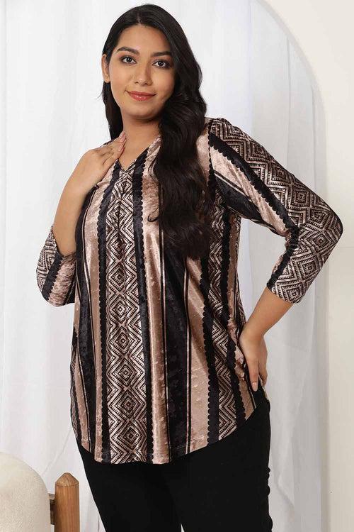 Black Beige Stripe Velvet Top