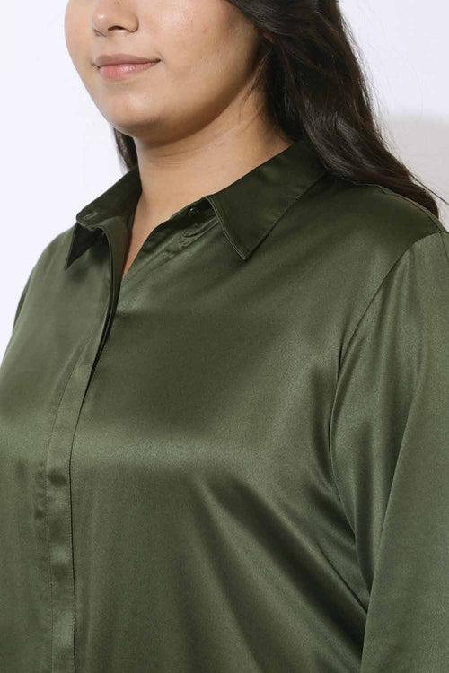 Plus Size Olive Satin Shirt