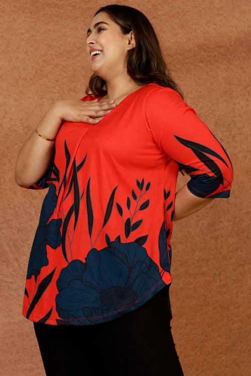 Red Teal Print Plus Size Top