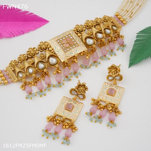 Freemen Handmade Pink necklace with earring for women - FWN476