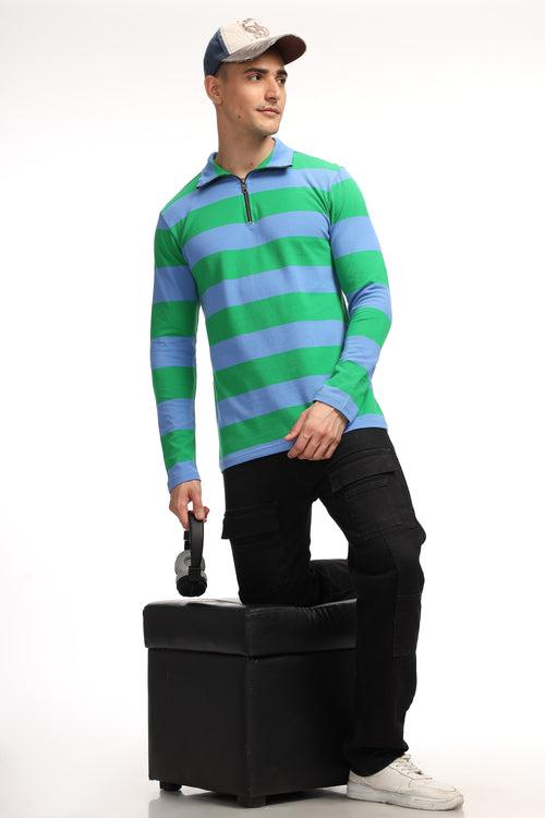 Green Blue Self Design Zipper T-Shirt