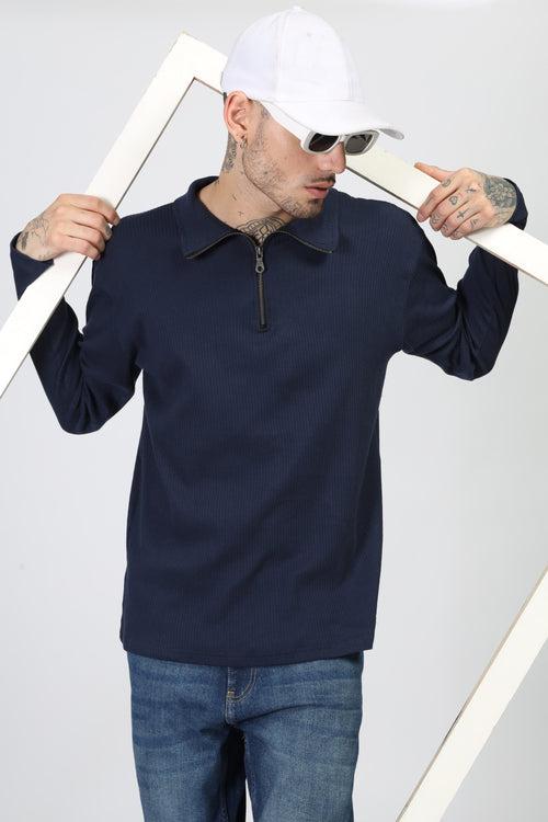 Navy Blue Self Design Zipper T-Shirt
