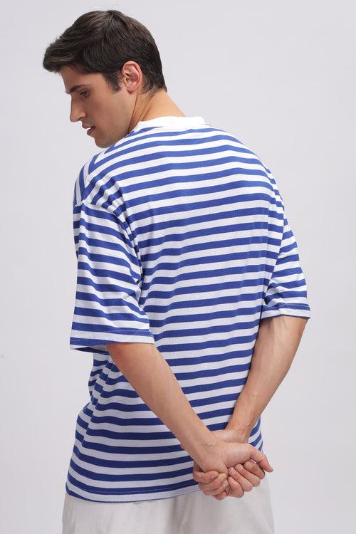 White Blue Oversized Striped Pocket T-Shirt