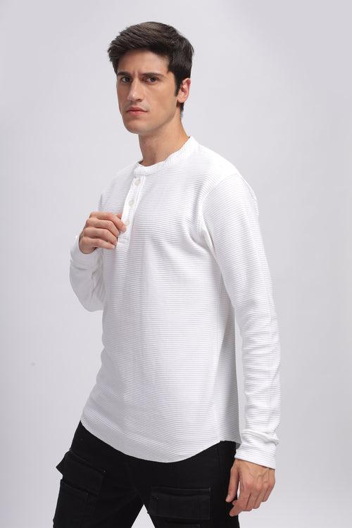 White Henley Self Design T-Shirt