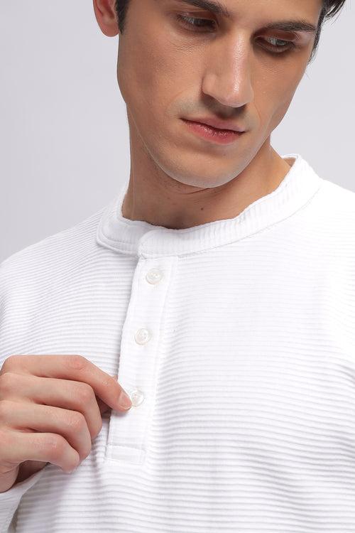 White Henley Self Design T-Shirt