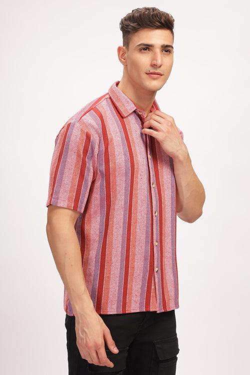 Red Striped Self Design Textured Shirt