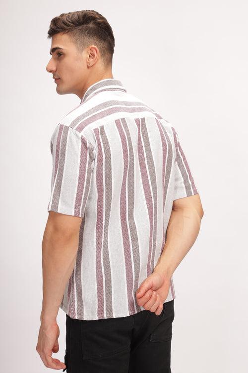 White Self Design Textured Striped Shirt