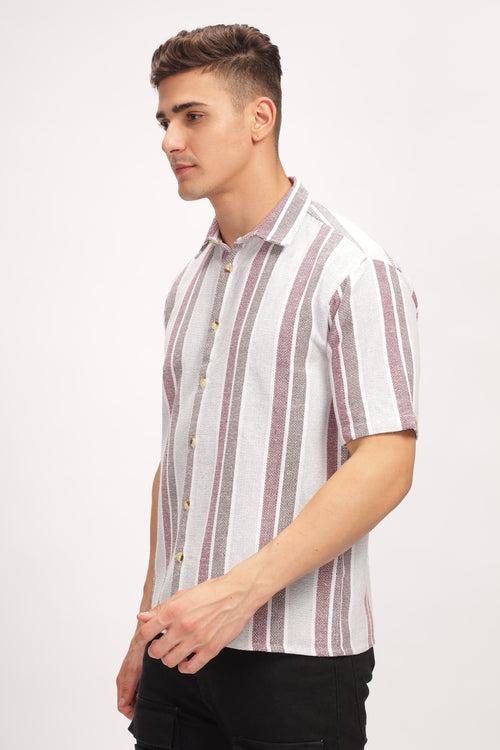 White Self Design Textured Striped Shirt