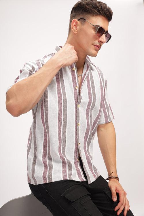 White Self Design Textured Striped Shirt