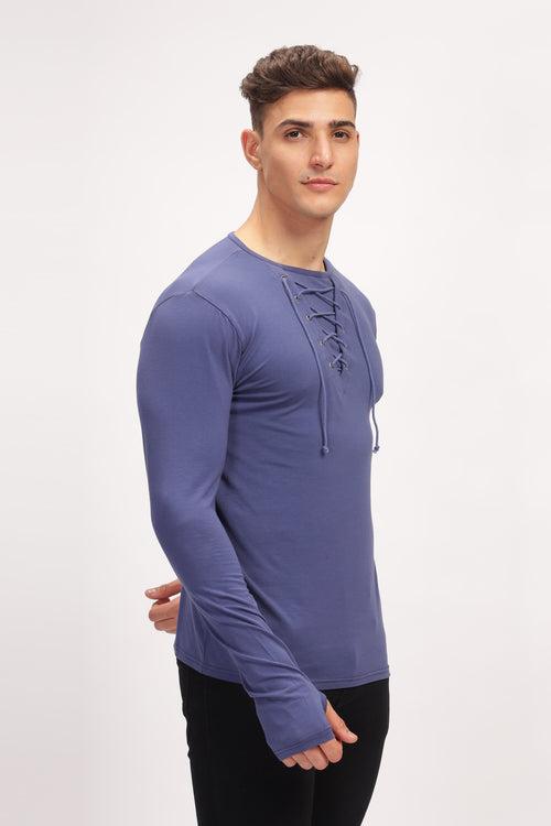 Blue Tie up Neck Solid T-Shirt