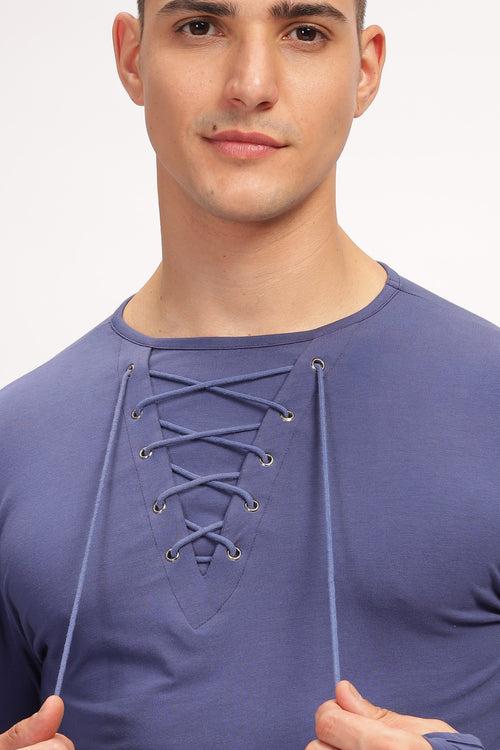 Blue Tie up Neck Solid T-Shirt