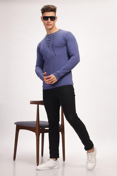 Blue Tie up Neck Solid T-Shirt