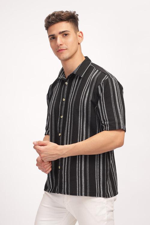 Black Striped Self Design Shirt