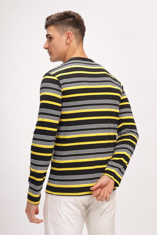 Black Striped Henley Neck T-Shirt