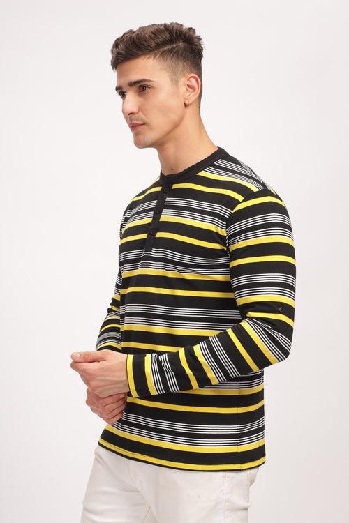 Black Striped Henley Neck T-Shirt