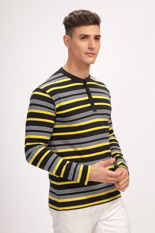 Black Striped Henley Neck T-Shirt