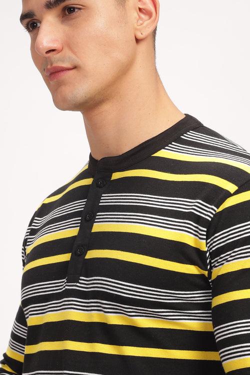 Black Striped Henley Neck T-Shirt