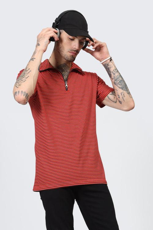 Red Horizontal Stripe Zipper T-Shirt