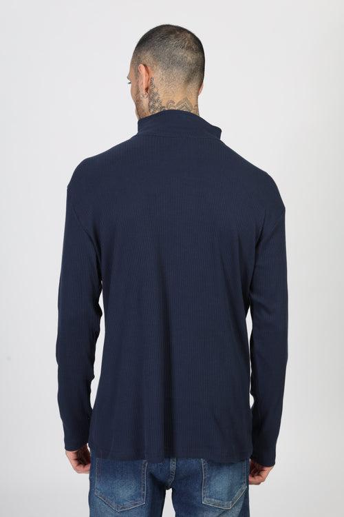 Navy Blue Self Design Zipper T-Shirt