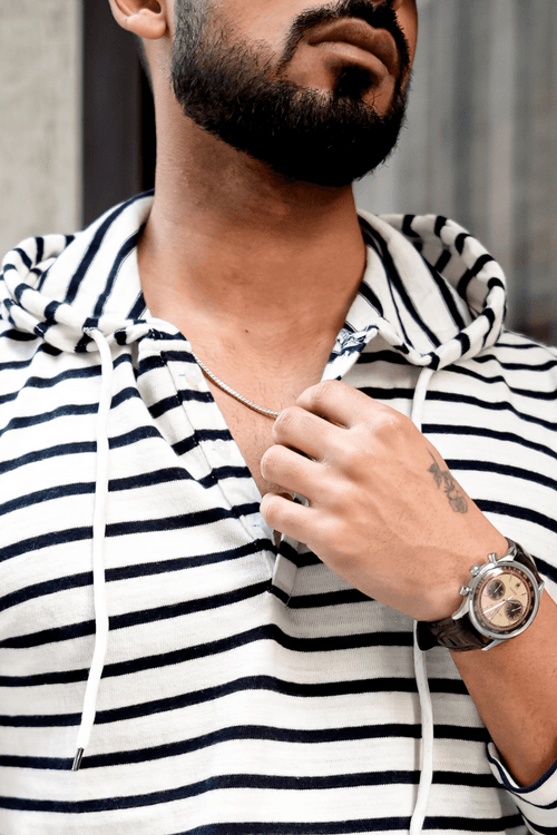 White Black Striper Buttoned Hooded T-Shirt