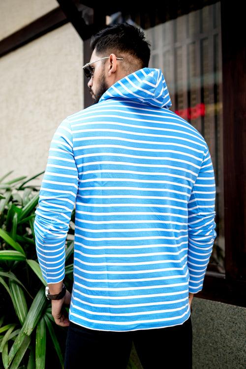 Blue White Striper Buttoned Hooded T-Shirt