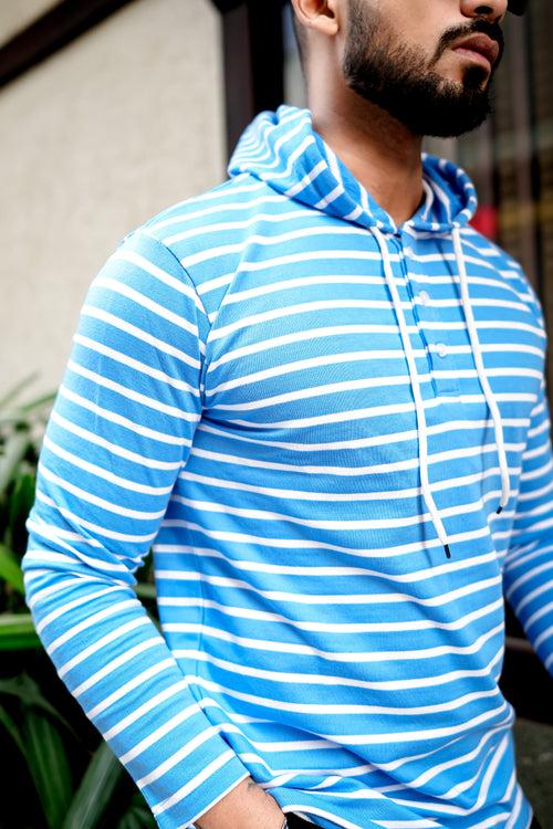 Blue White Striper Buttoned Hooded T-Shirt