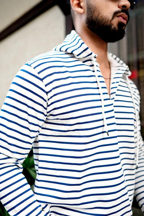 White Navy Blue Striper Buttoned Hooded T-Shirt