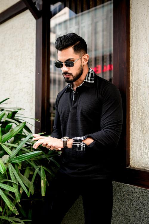 Black Self Design Checked Collar Polo Neck T-Shirt