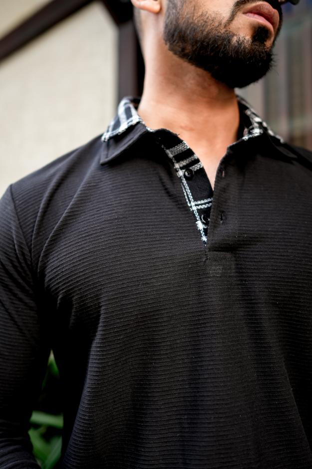 Black Self Design Checked Collar Polo Neck T-Shirt