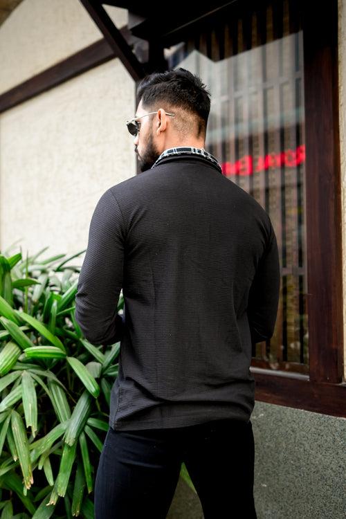 Black Self Design Checked Collar Polo Neck T-Shirt