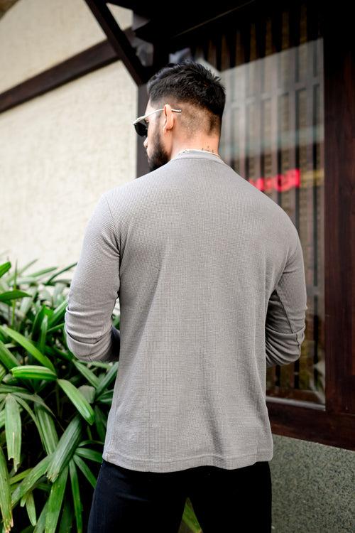 Grey Waffle Self design Ribbed Neck T-Shirt