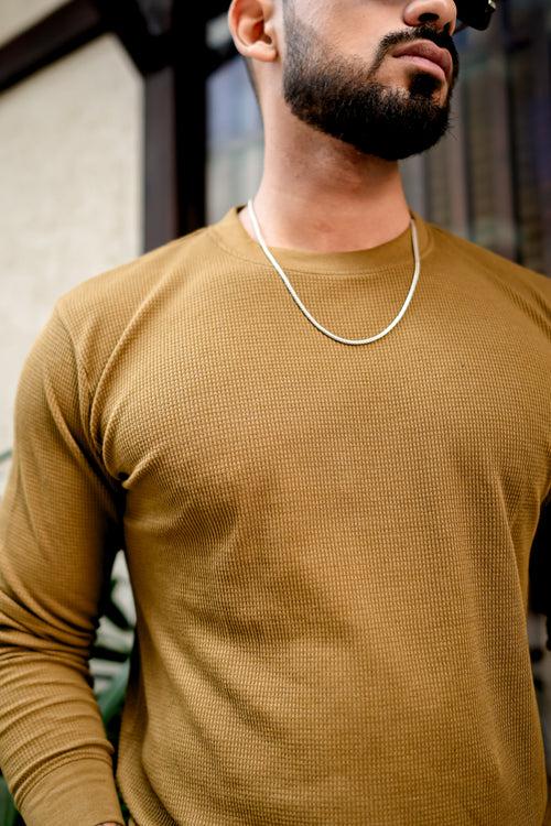 Mustard Waffle Self design Ribbed Neck T-Shirt