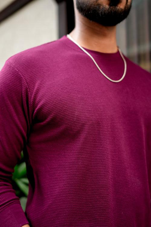 Wine Waffle Self design Ribbed Neck Tshirt