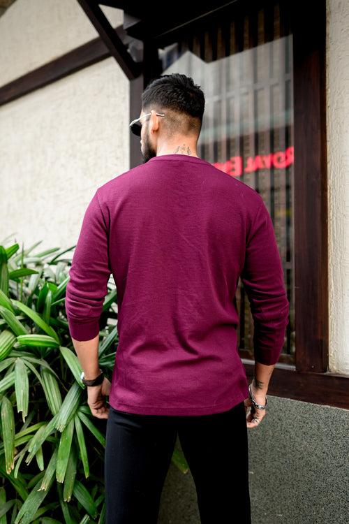 Wine Waffle Self design Ribbed Neck Tshirt