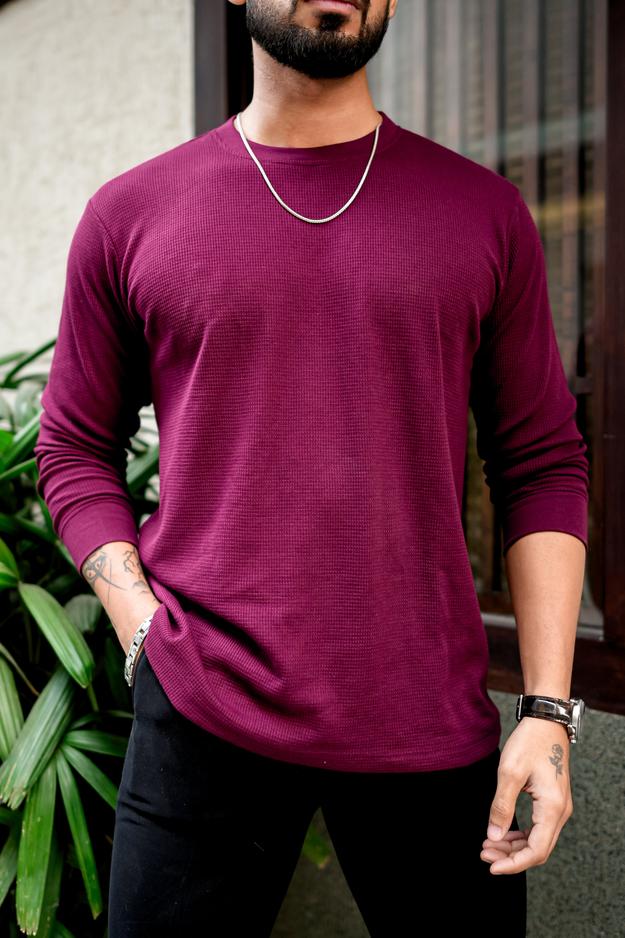 Wine Waffle Self design Ribbed Neck Tshirt