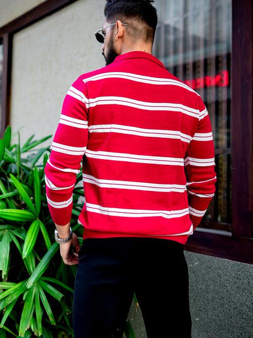 Red Zipper Flat Knit Pullover T-shirt