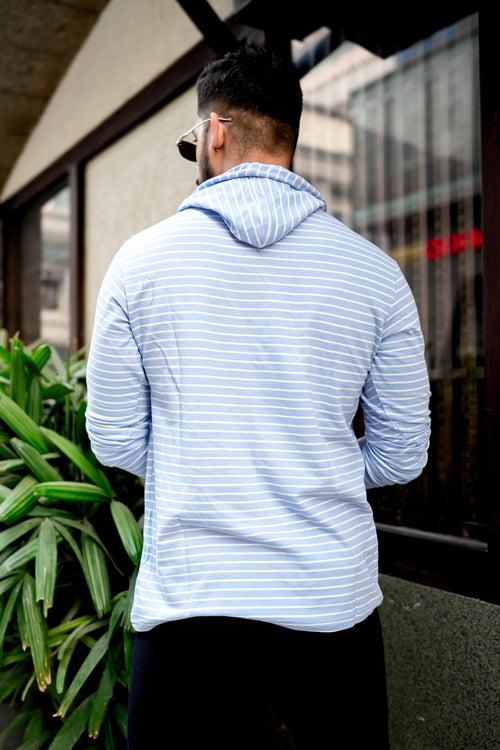 Blue White Striper Hooded T-Shirt