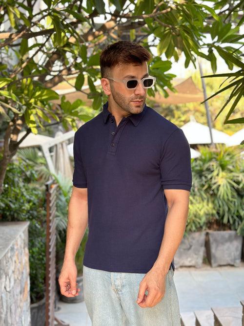 Navy Waffle Knit Polo T-Shirt