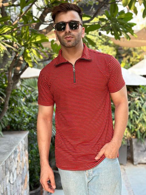 Red Horizontal Stripe Zipper T-Shirt