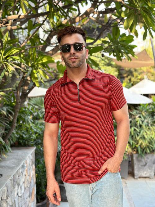 Red Horizontal Stripe Zipper T-Shirt