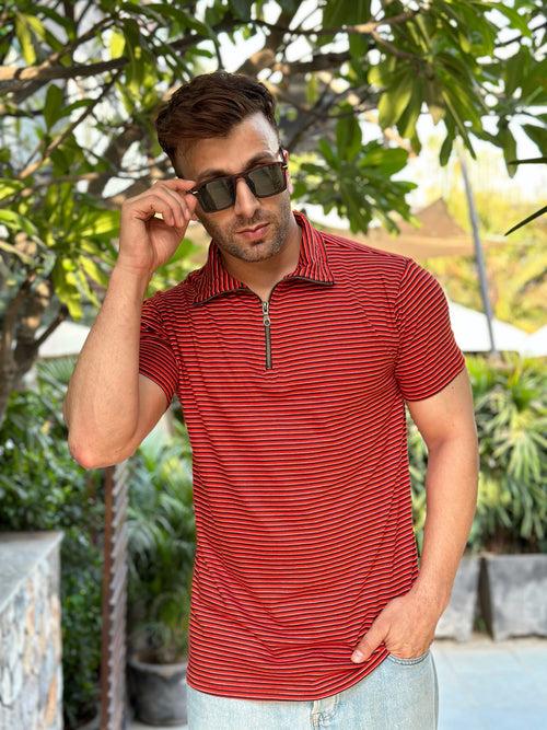 Red Horizontal Stripe Zipper T-Shirt