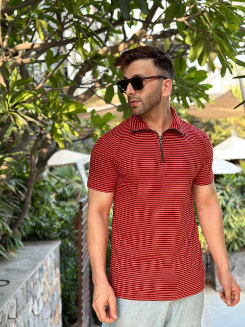 Red Horizontal Stripe Zipper T-Shirt