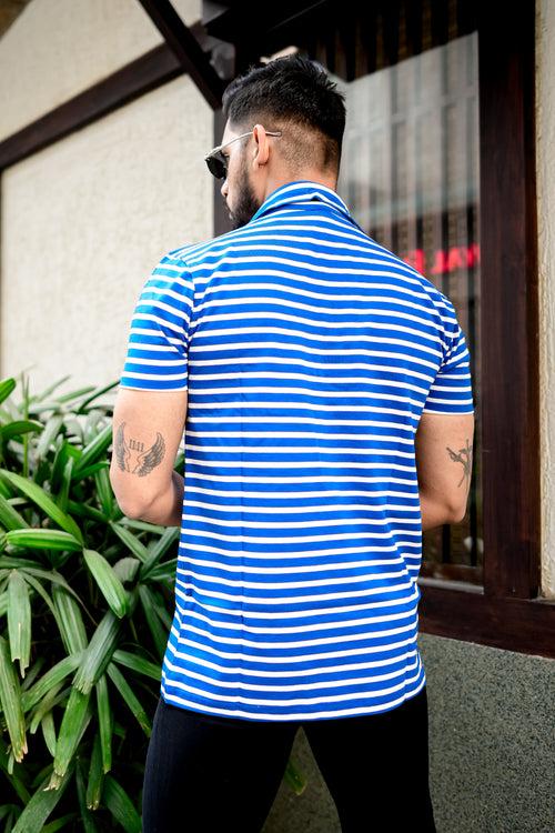 Blue Stripe Zipper Closure Cotton T-Shirt