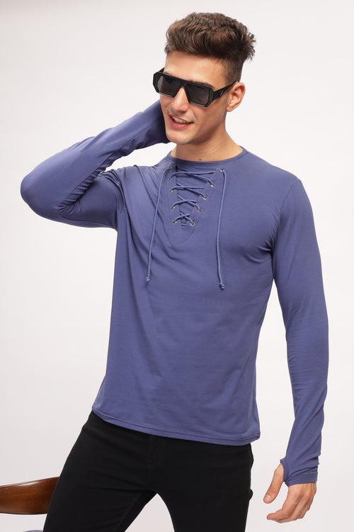 Blue Tie up Neck Solid T-Shirt