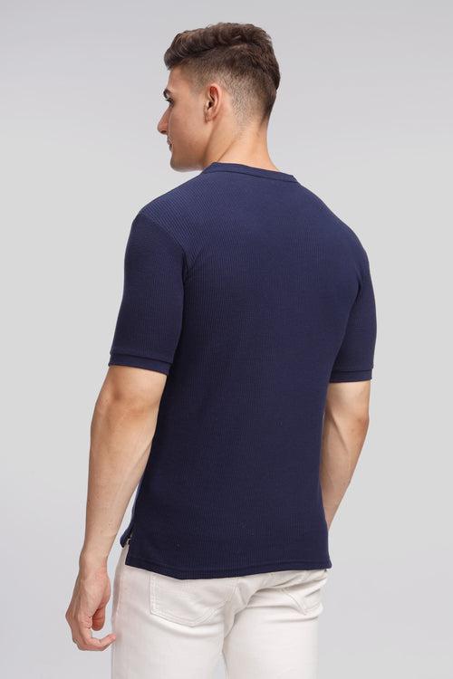 Navy Blue Waffle Knit Henley T-Shirt