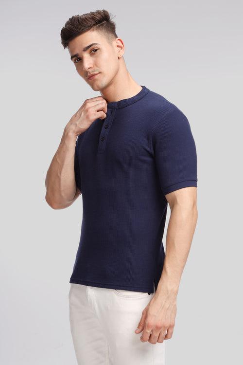 Navy Blue Waffle Knit Henley T-Shirt