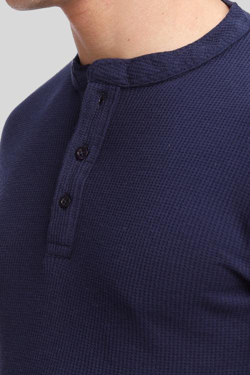 Navy Blue Waffle Knit Henley T-Shirt