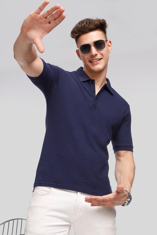 Navy Waffle Knit Polo T-Shirt